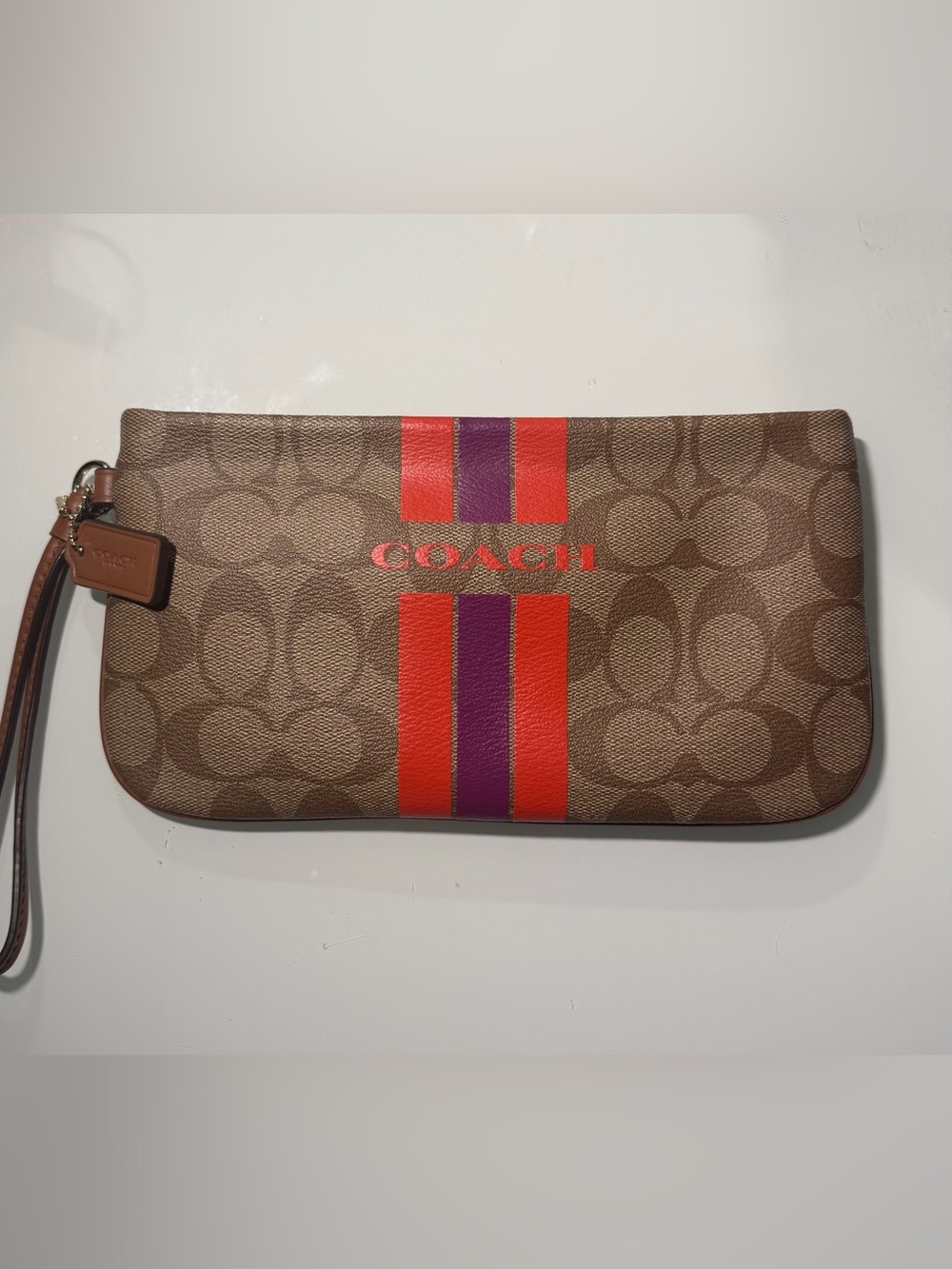 Coach Brown Signature Stripe Pouch with Red and Purple Accents